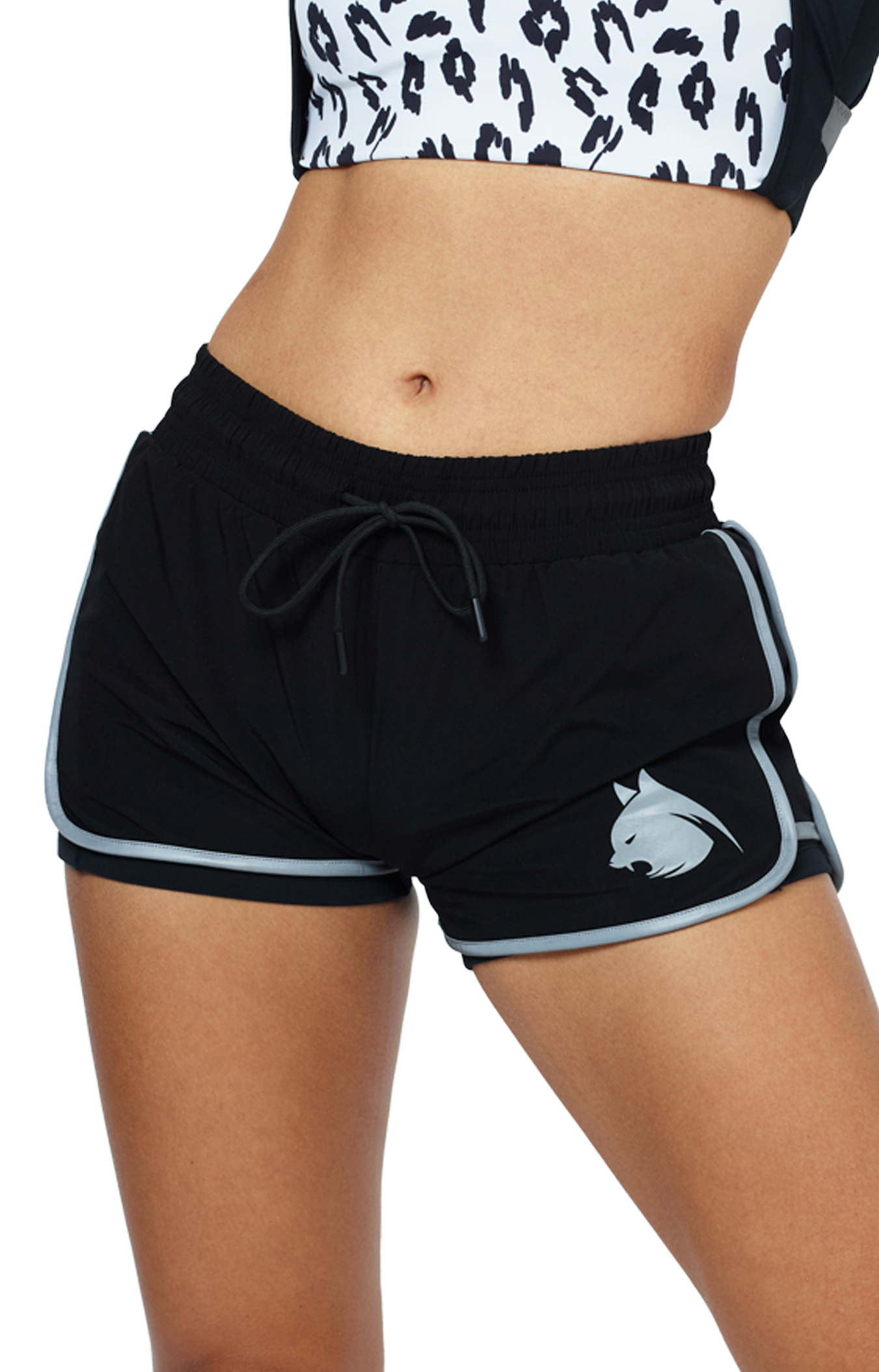 Black athletic shorts with BAD CAT logo on a white background